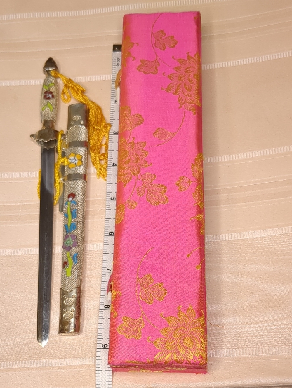 Vintage Chinese Cloisonne Letter Opener Dagger In Brocade Gift Box